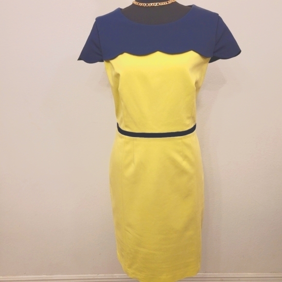 Badgley Mischka Dress 14 Yellow Navy Long Lined Zip Belle Couture Scallop Detail - Picture 1 of 15